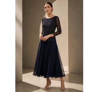 NWT Xscape Beaded Evening Gown Women 14 Navy Blue‎ Tea Length Formal Wedding